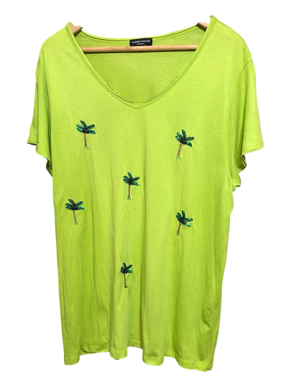 Alexis Taylor 2X Lime Green Sequined Palm Tree V-Neck Tee 2X